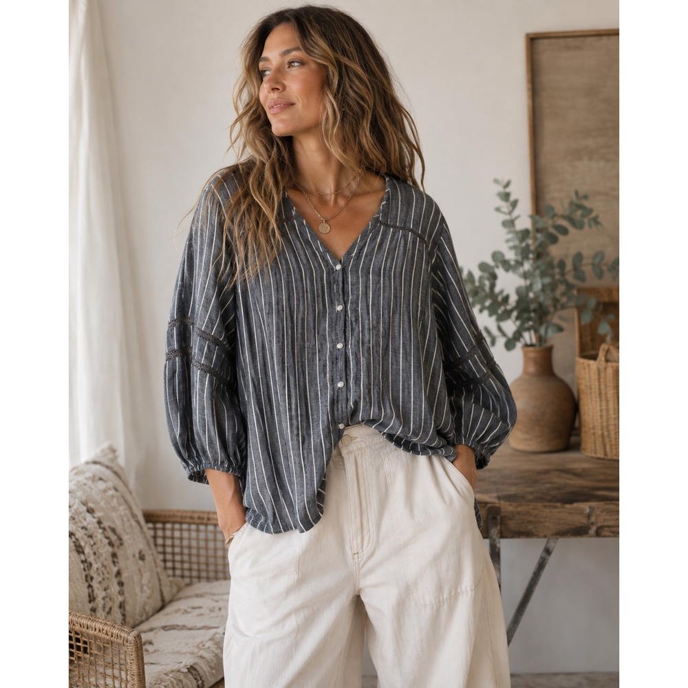 Old Navy Linen Blend Striped Lace Sleeve Blouse Navy Blue XL
